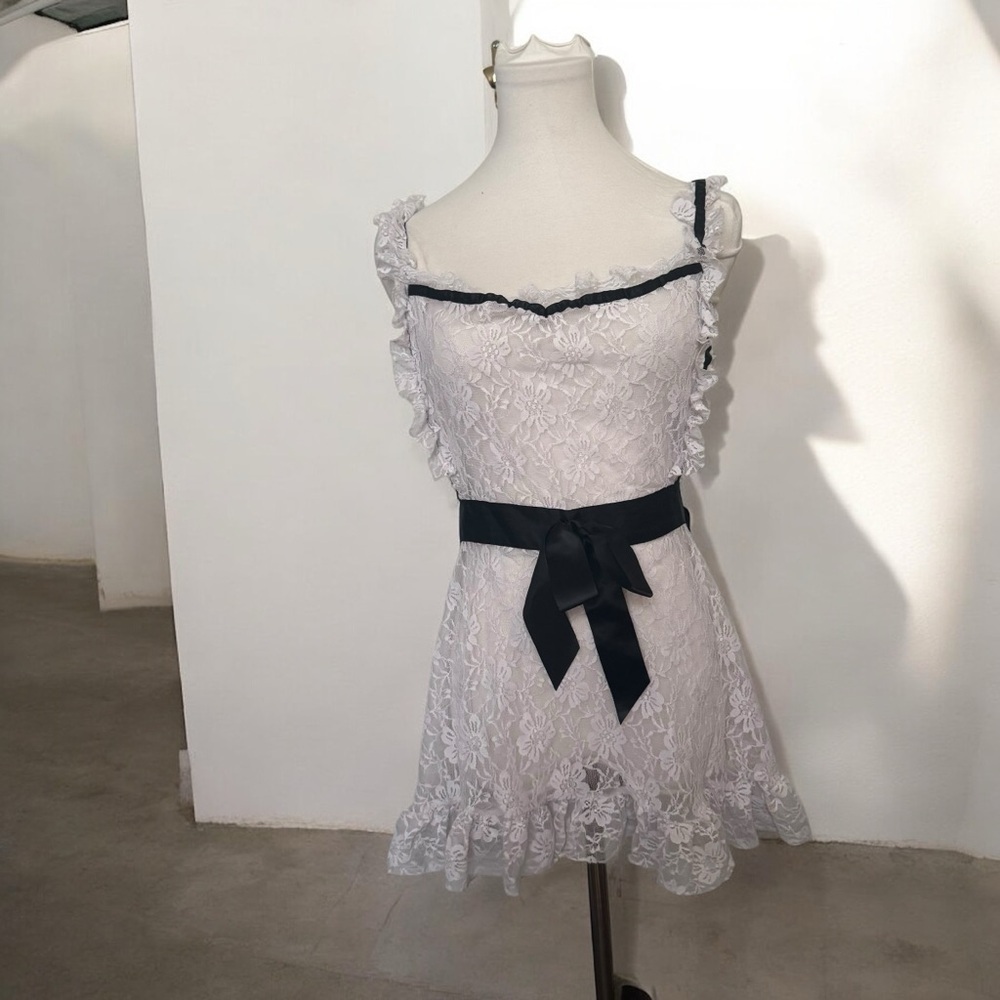 Elegant Lace mini slip Dress with Black Ribbon coquette goth fairy cottage XL